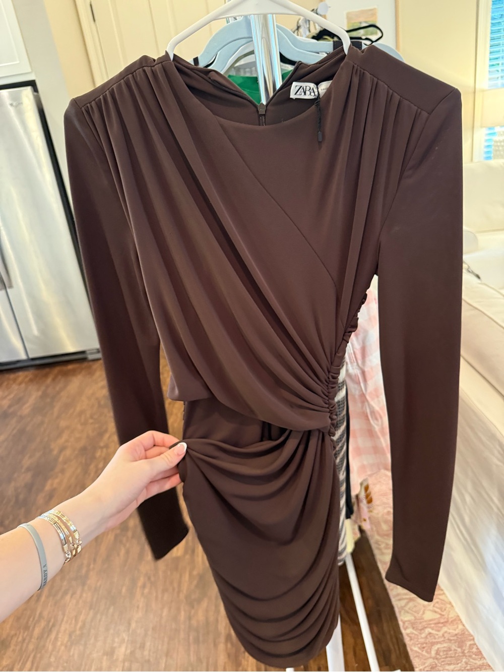 ZARA Chocolate Brown Draped Long-Sleeve Mini Dress